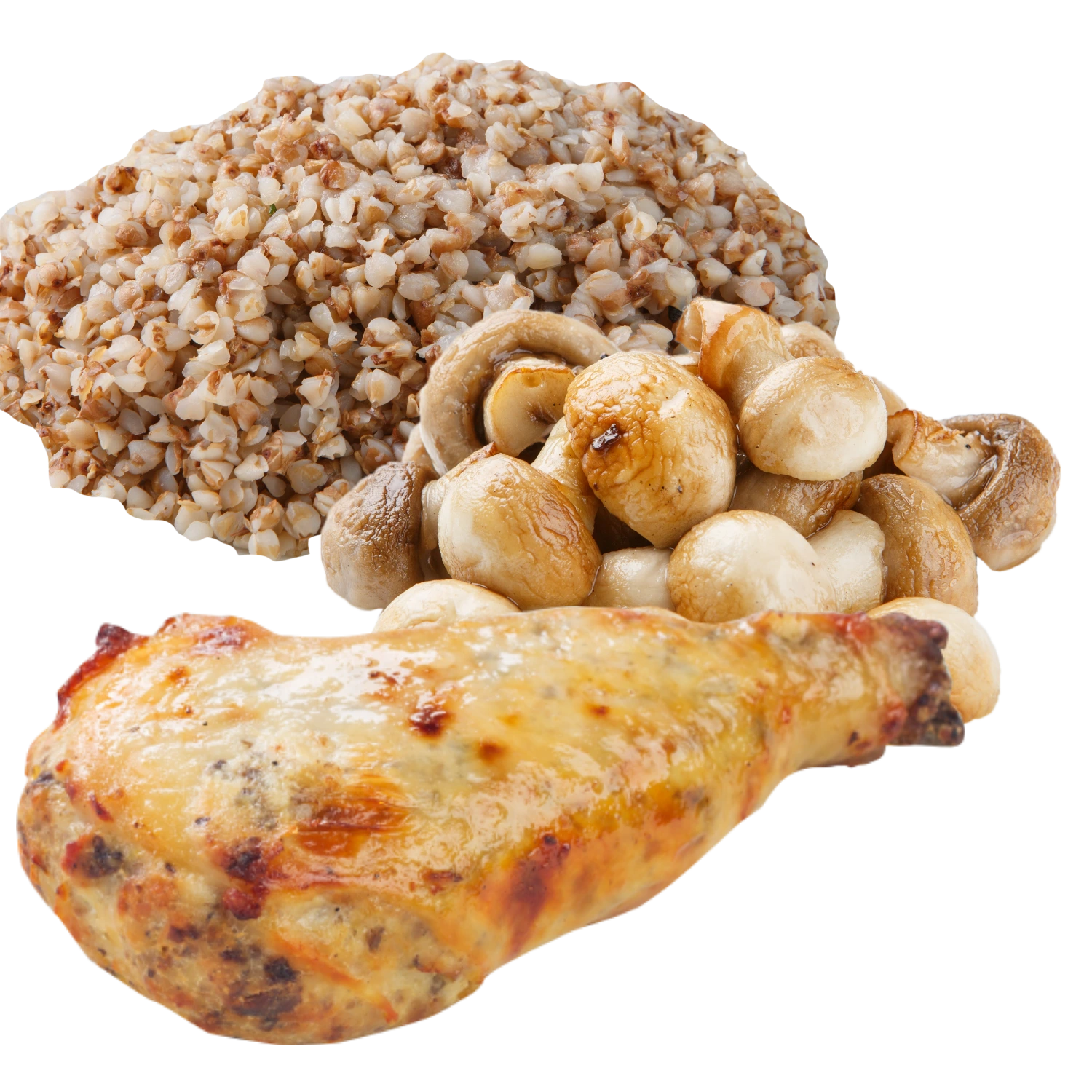 Запечена куряча ніжка з гречаною кашею та смаженими грибочками