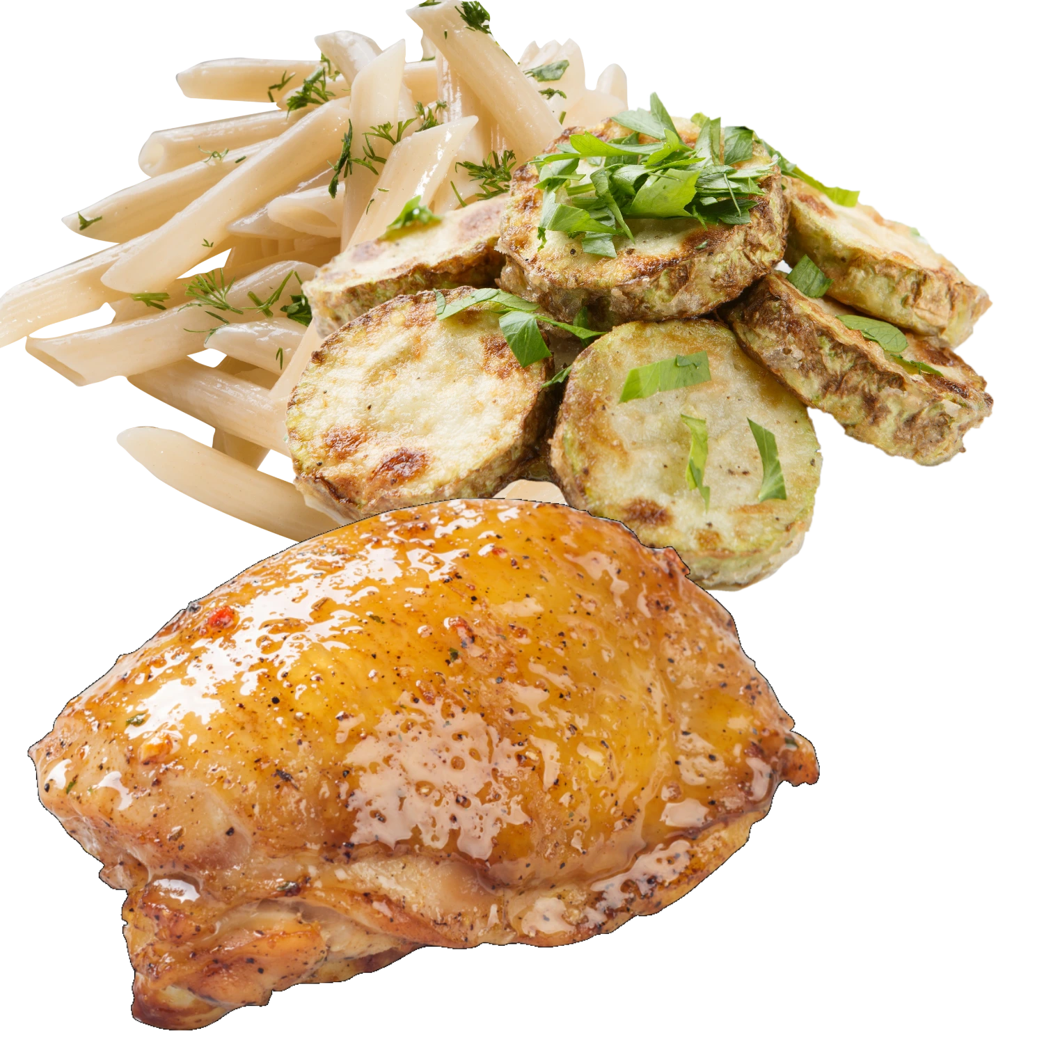 Запечена курка з макаронами та смажені кабачки