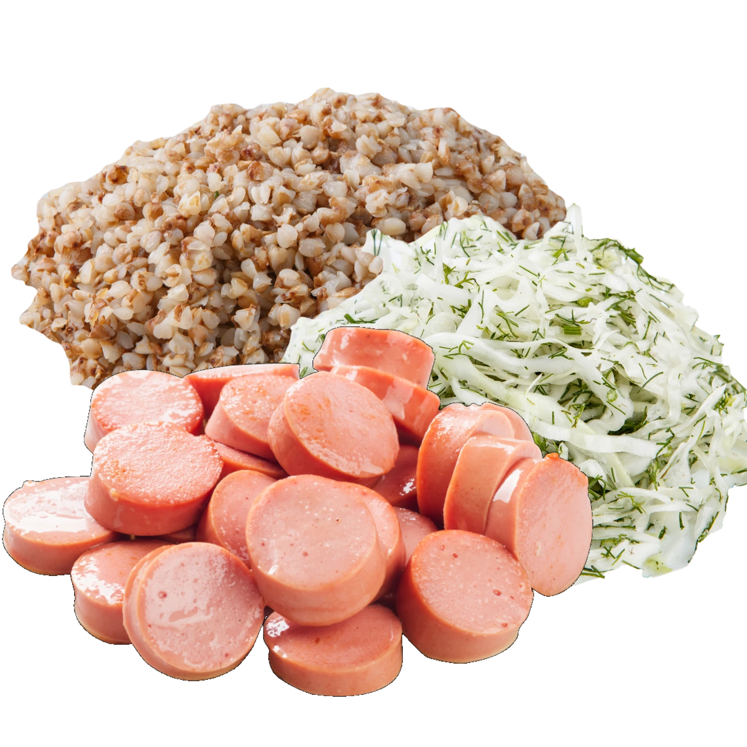 Сосиска з гречаною кашею та салатом з капусти та зелені