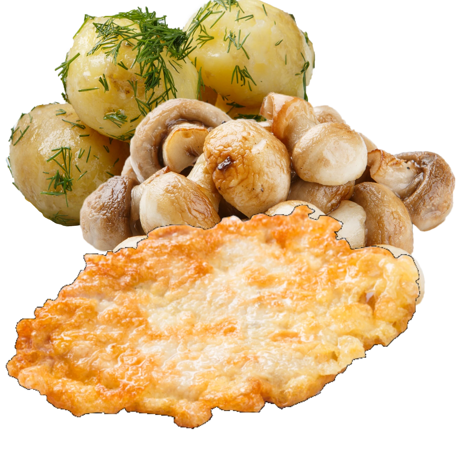 Куряча відбивна з відвареною картоплею та обсмаженими грибами