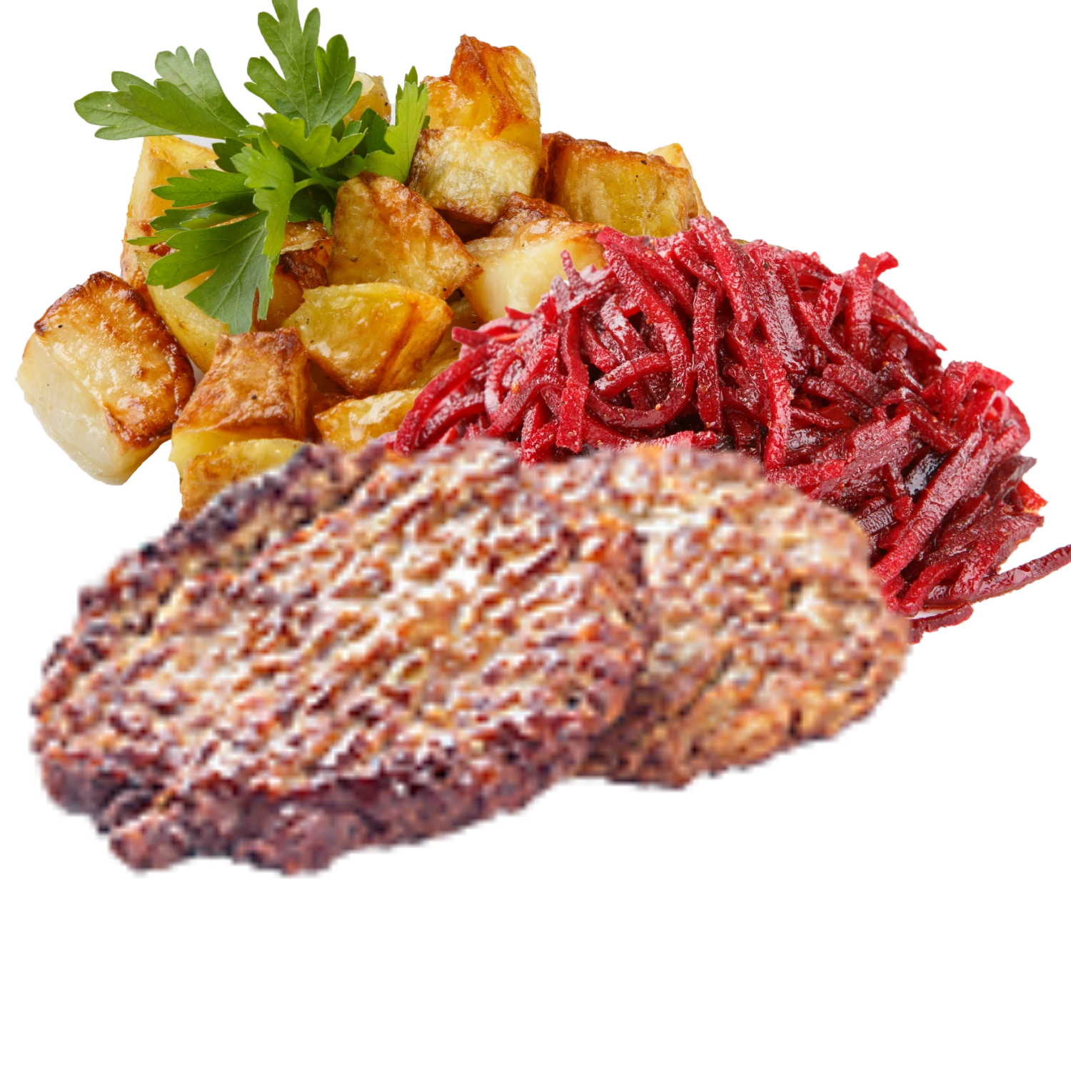 Печінковий биток з смаженою картоплею та буряк відварений