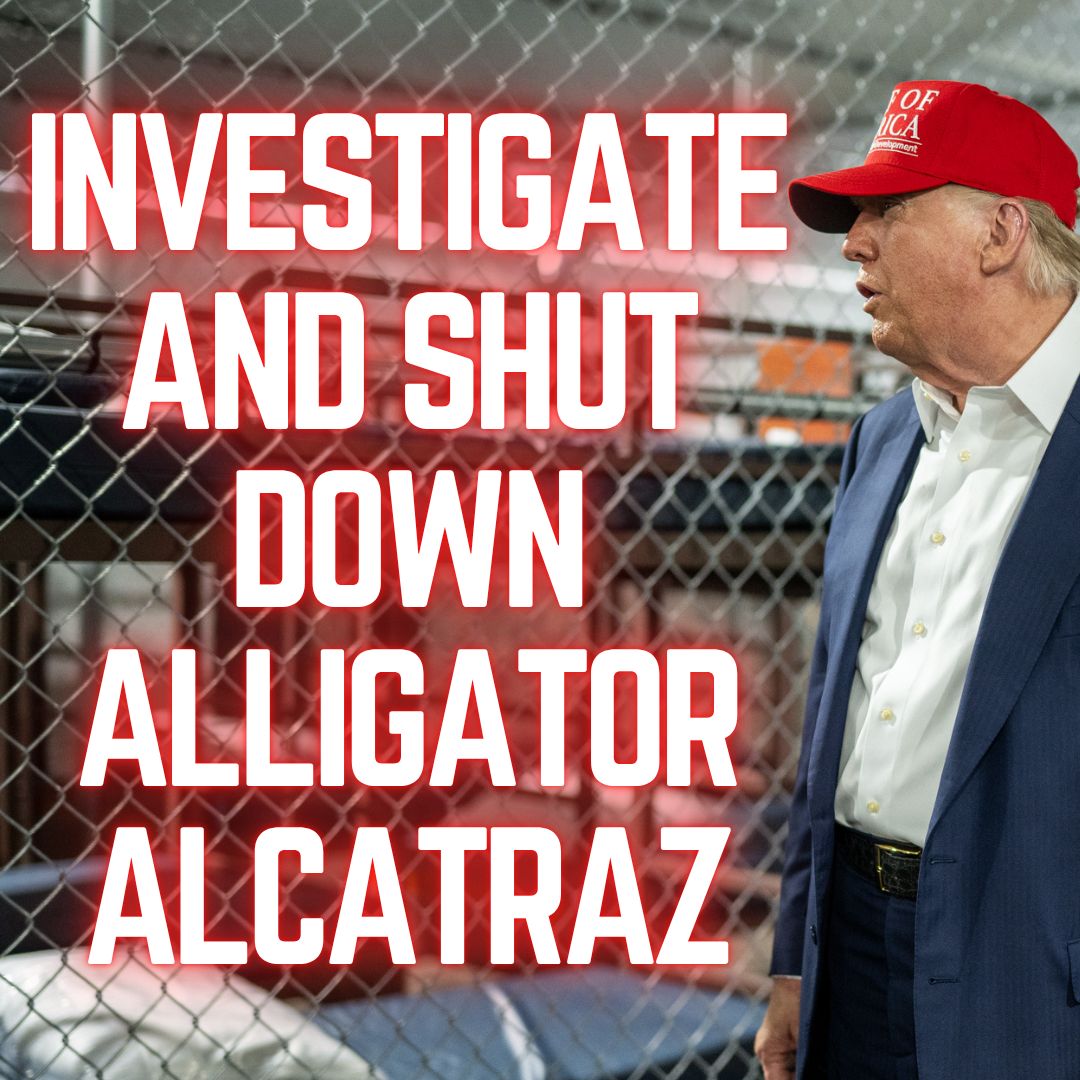 Graphic saying: Investigate and Shut Down Alligator Alcatraz