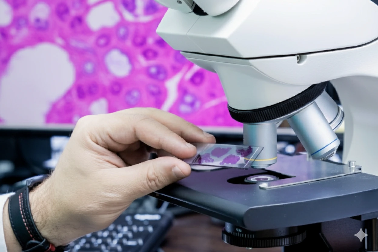 Pathology technician examining a tissue slide under a microscope