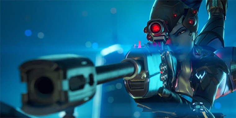 Widowmaker falls from the sky ready to snipe a target on Kings Row