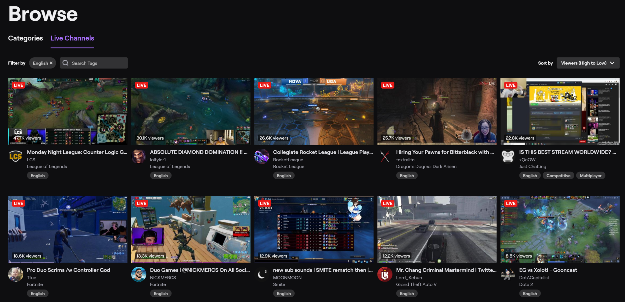 Twitch homepage