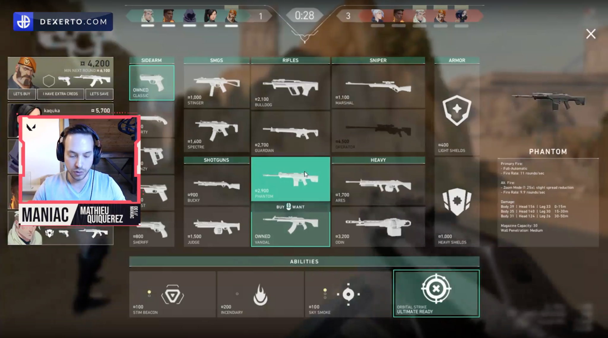 Brimstone's buy menu in Valorant.