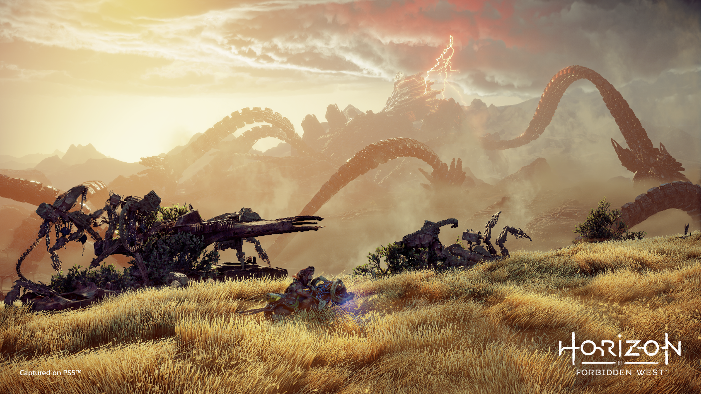 Mechanical creatures in a plain in Forbidden West