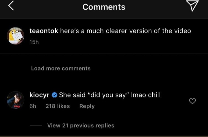 Kio Cyr Instagram comment.