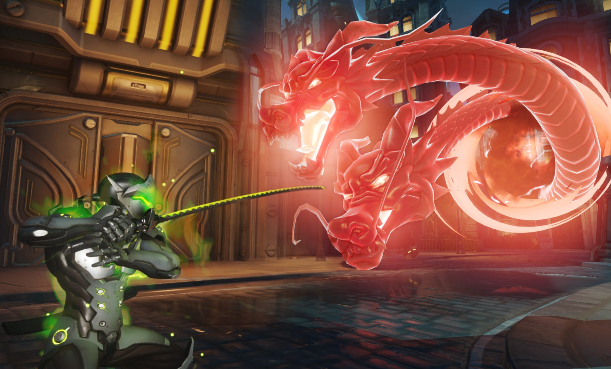 Genji from Overwatch facing off against Hanzo's Dragons