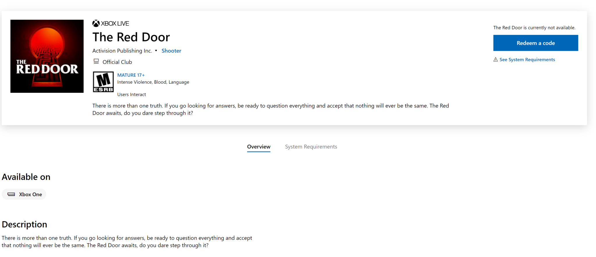 Xbox Live Store listing The Red Door Call of Duty 2020