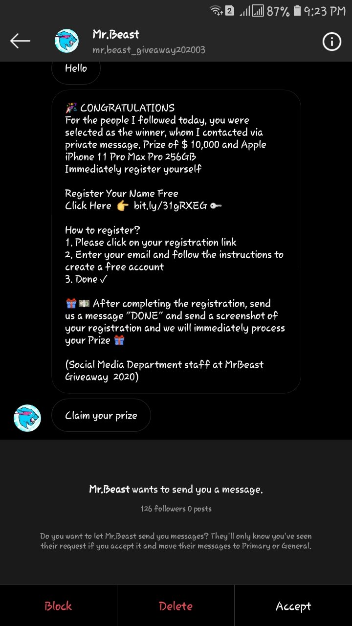 Mr Beast scam on instagram