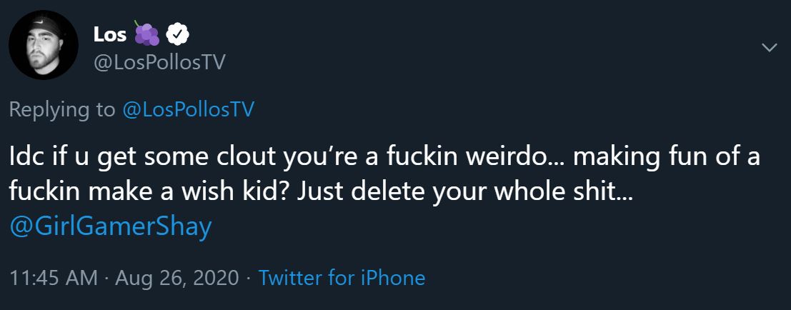 LosPollosTV decries GirlGamerShay's comments on Make-A-Wish.