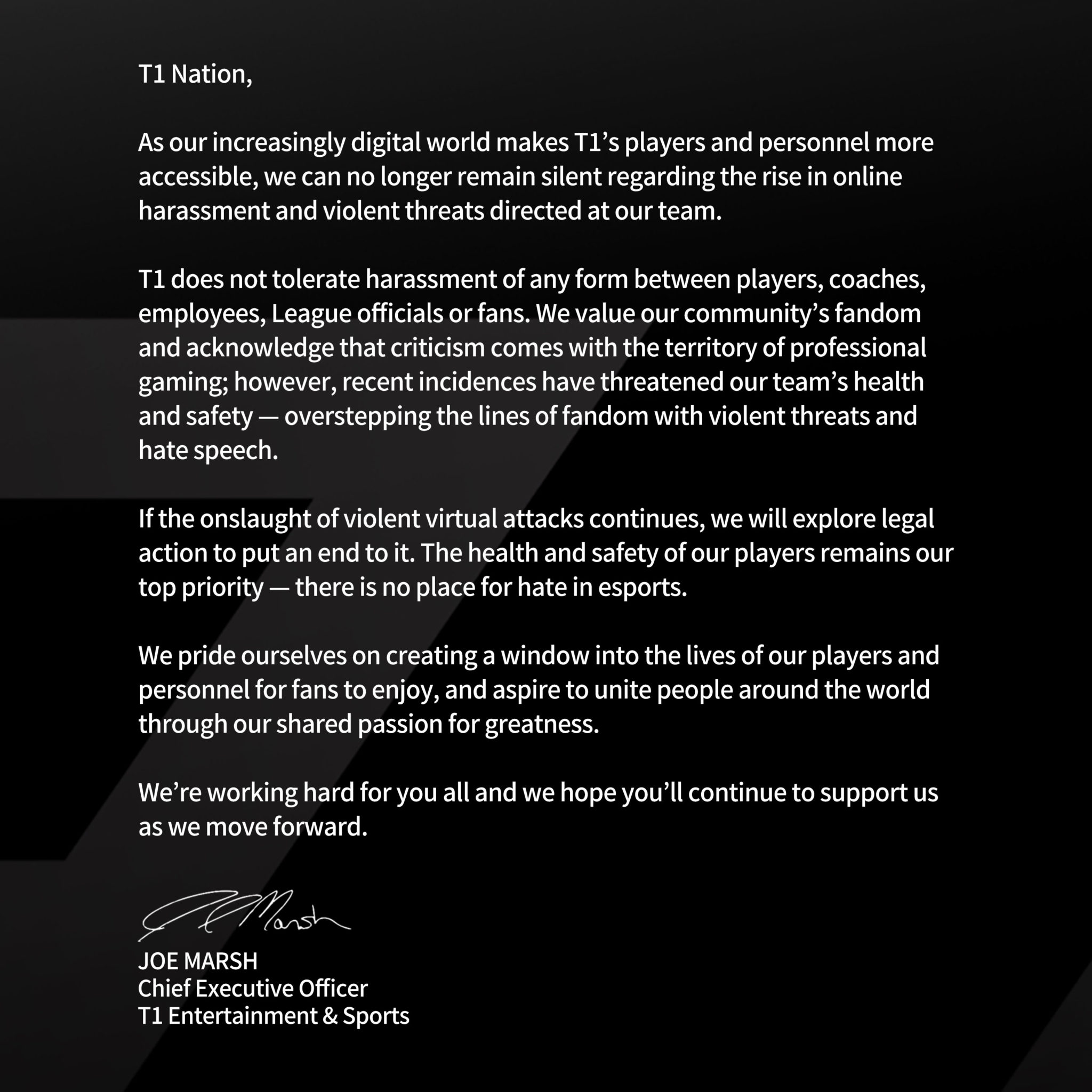T1 warns fans not to threaten the LoL team