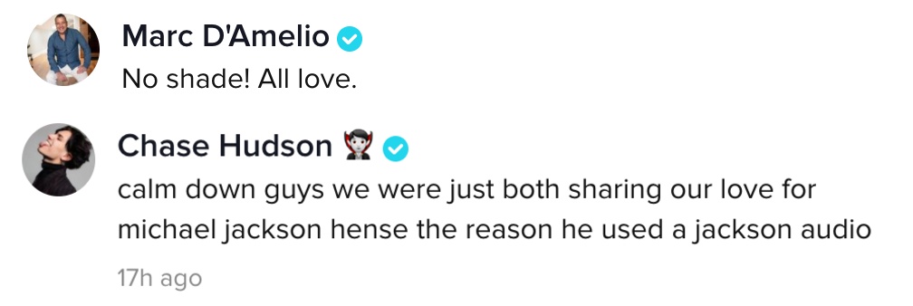Marc D'Amelio and Chase Hudson TikTok comments