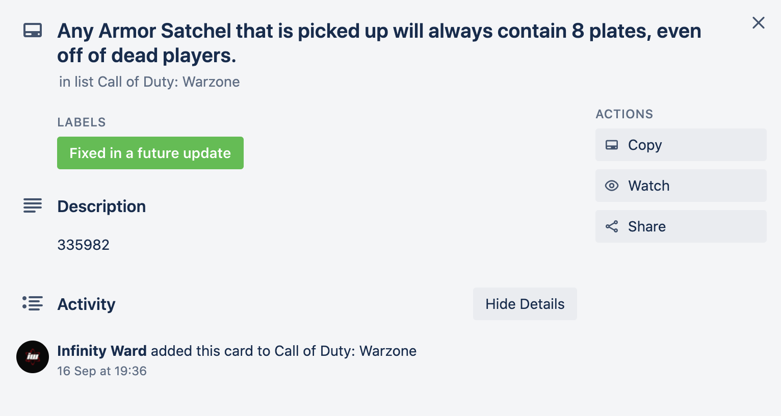 Warzone bug fix on Infinity Ward's Trello board