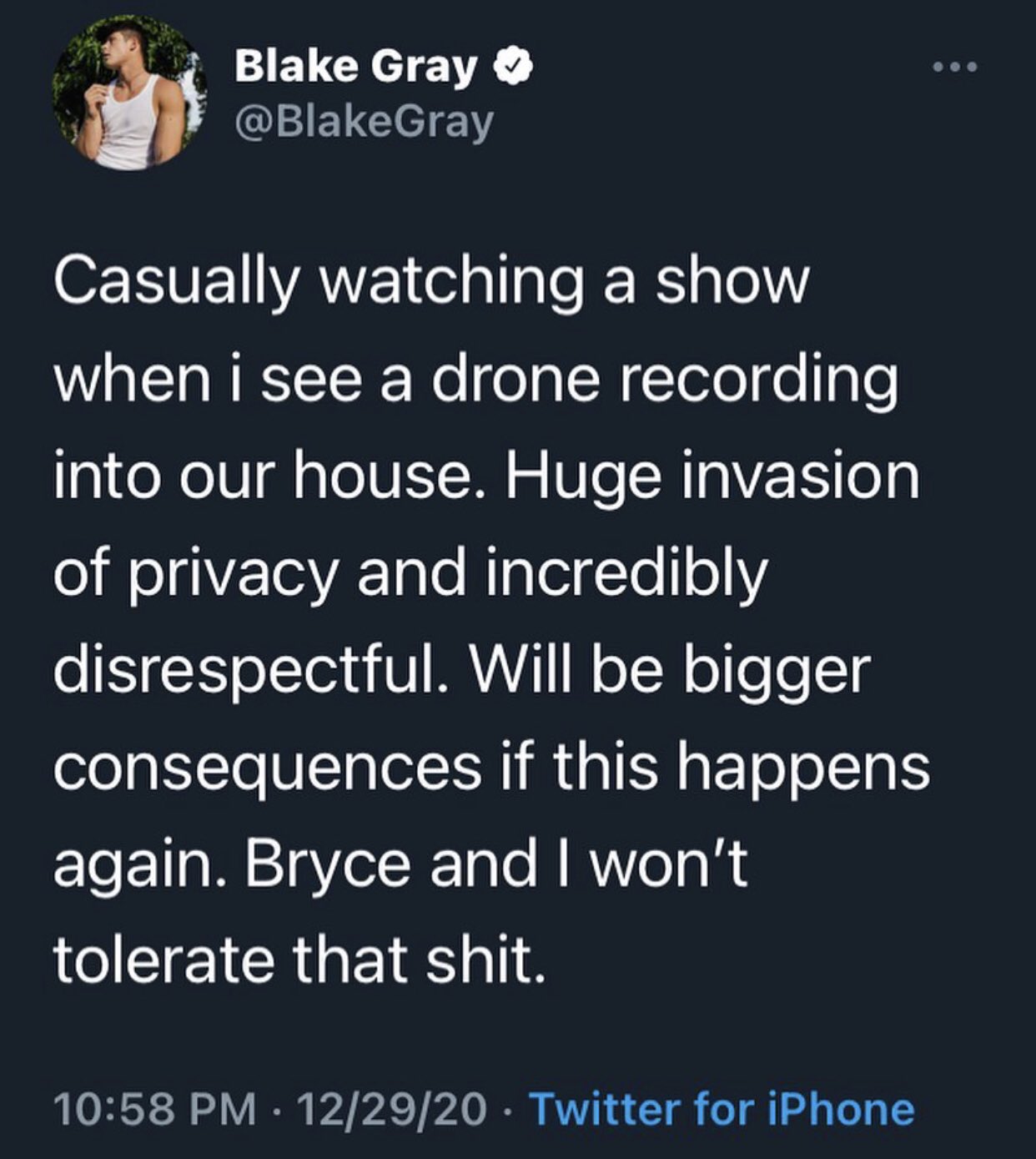 Blake Gray reveals drone was recording the sway house.