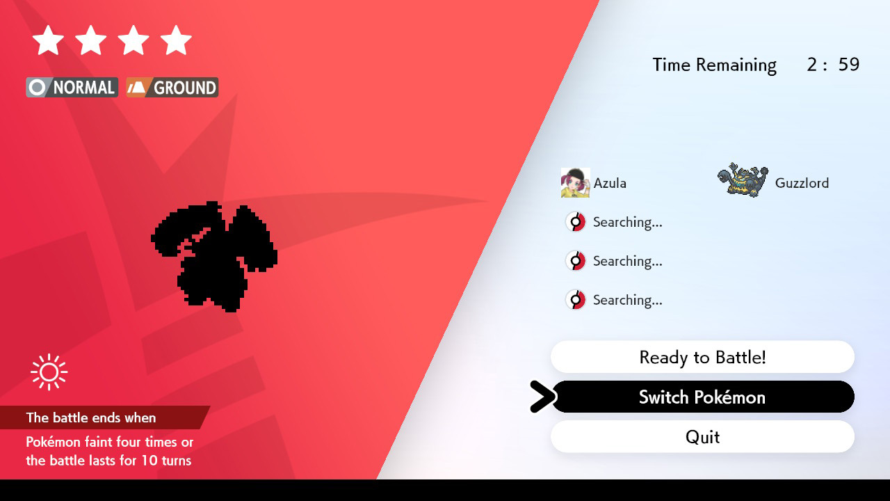 Screenshot of Pokemon Sword & Shield raid den menu.