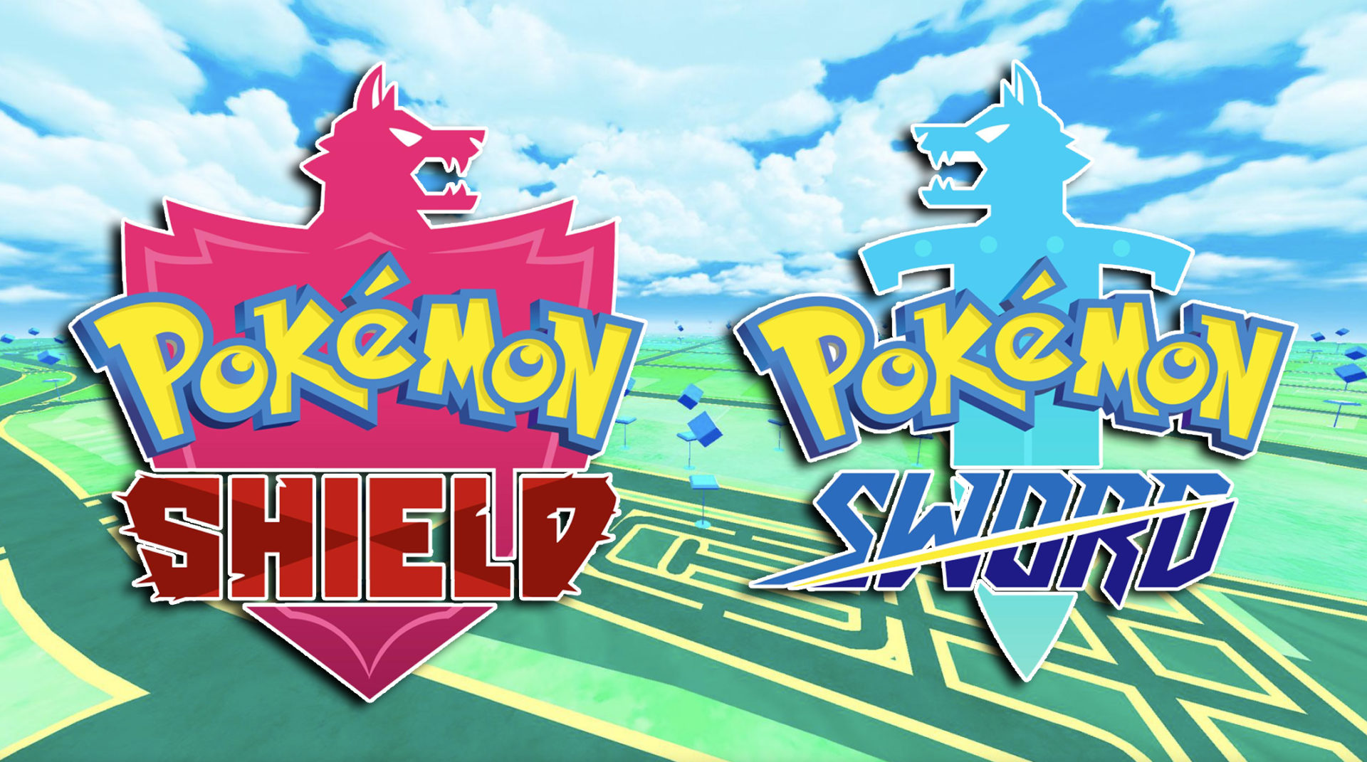 Screenshot of Pokemon Sword & Shield logo over Go background.