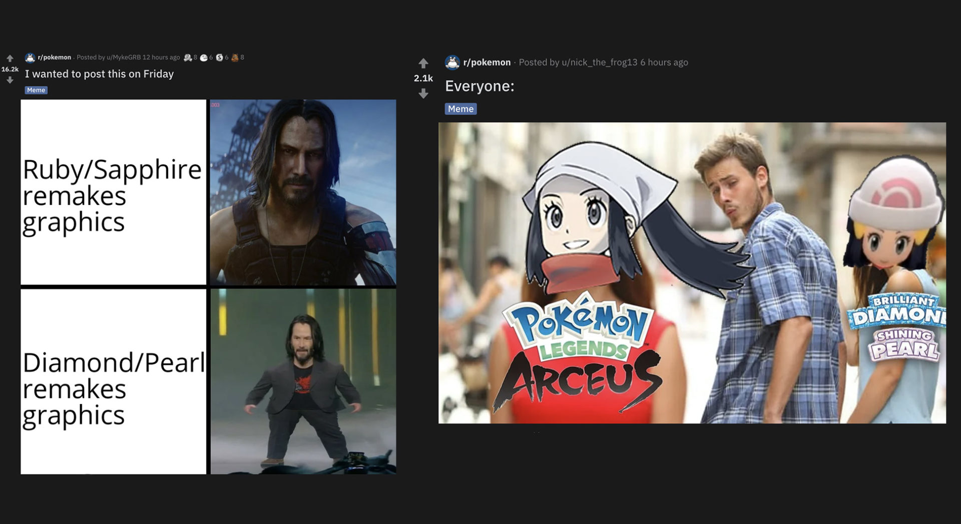 Screenshot of Reddit memes about Brilliant Diamond & Shining Pearl graphics.