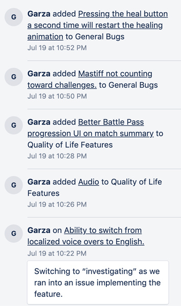 The five bugs added on July 19. Respawn Entertainment/Trello