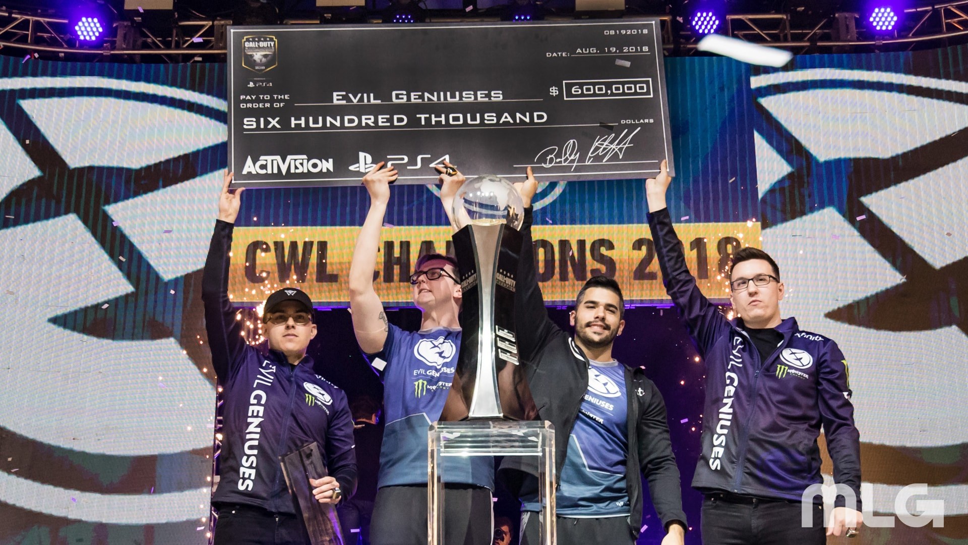 Apathy with his Evil Geniuses teammates after winning the 2018 CWL Championship. (Courtesy of MLG)