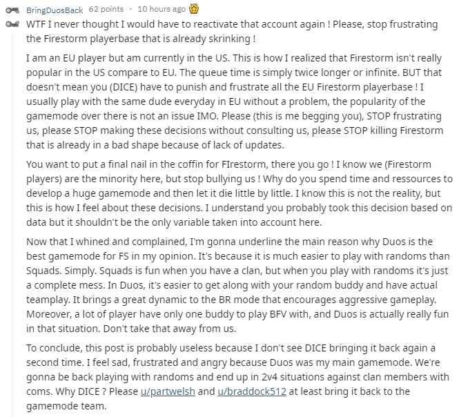 Since the announcement, players have been giving epic accounts as to why Duo mode shouldn't be taken out of Battlefield V Firestorm. Reddit