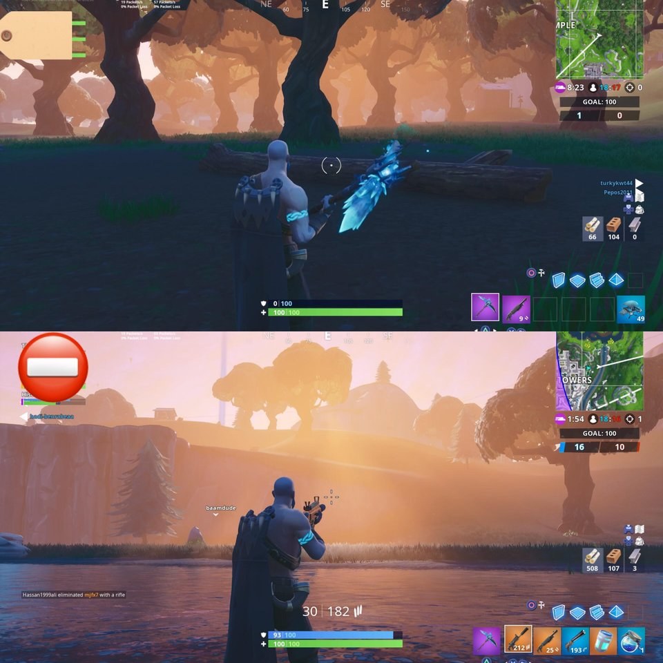 Screengrabs from Reddit user RokitRide, showing new foggy areas of the Fortnite map.