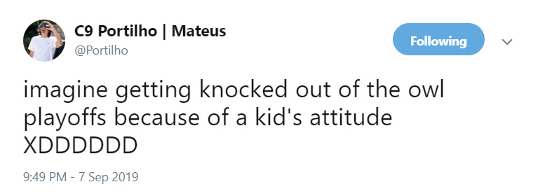 C9's social media manager Mateus Portilho posted this deleted tweet.