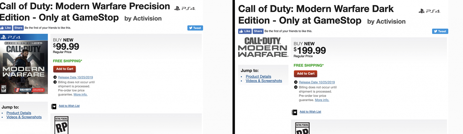 Gamestop added two pages for special edition versions of Modern Warfare.