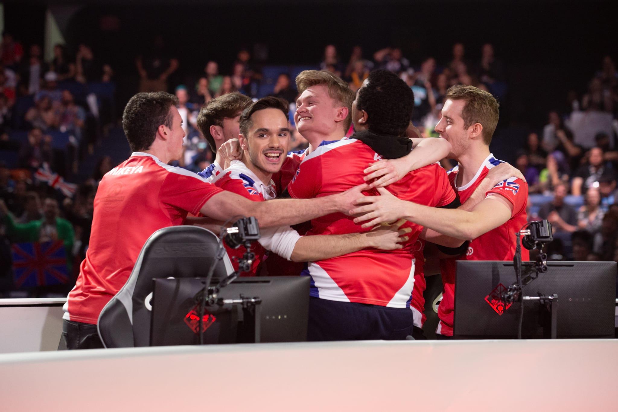 Team UK celebrate their upset over Team USA in the World Cup quarter-finals. Robert Paul for Blizzard Entertainment