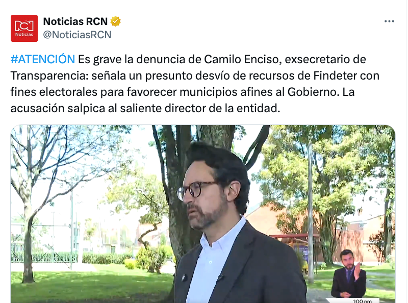 #ATENCIÓN Es grave la denuncia de Camilo Enciso, exsecretario de Transparencia: señala un presunto desvío de recursos de Findeter con fines electorales para favorecer municipios afines al Gobierno. La acusación salpica al saliente director de la entidad.