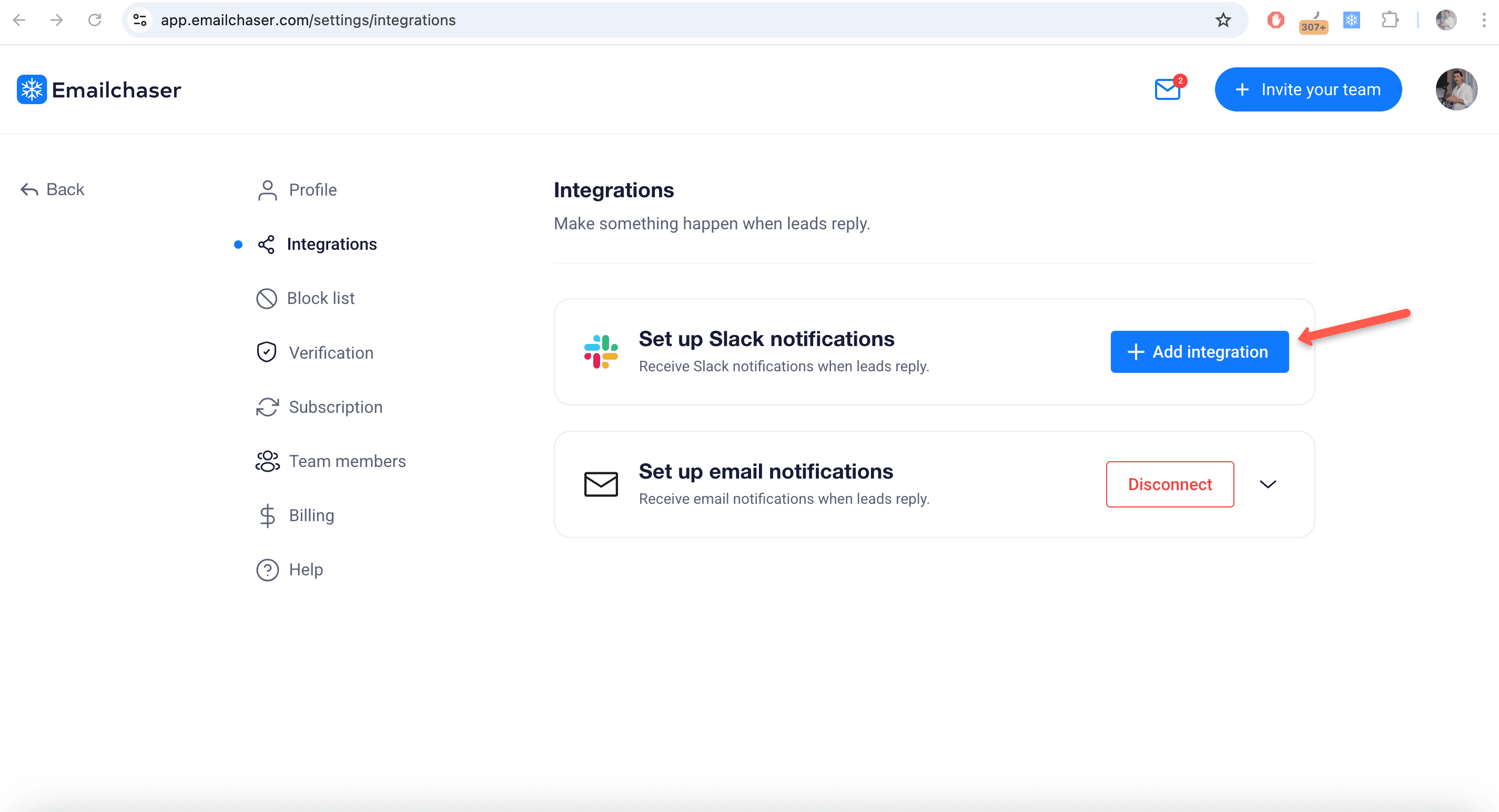screenshot showing slack option