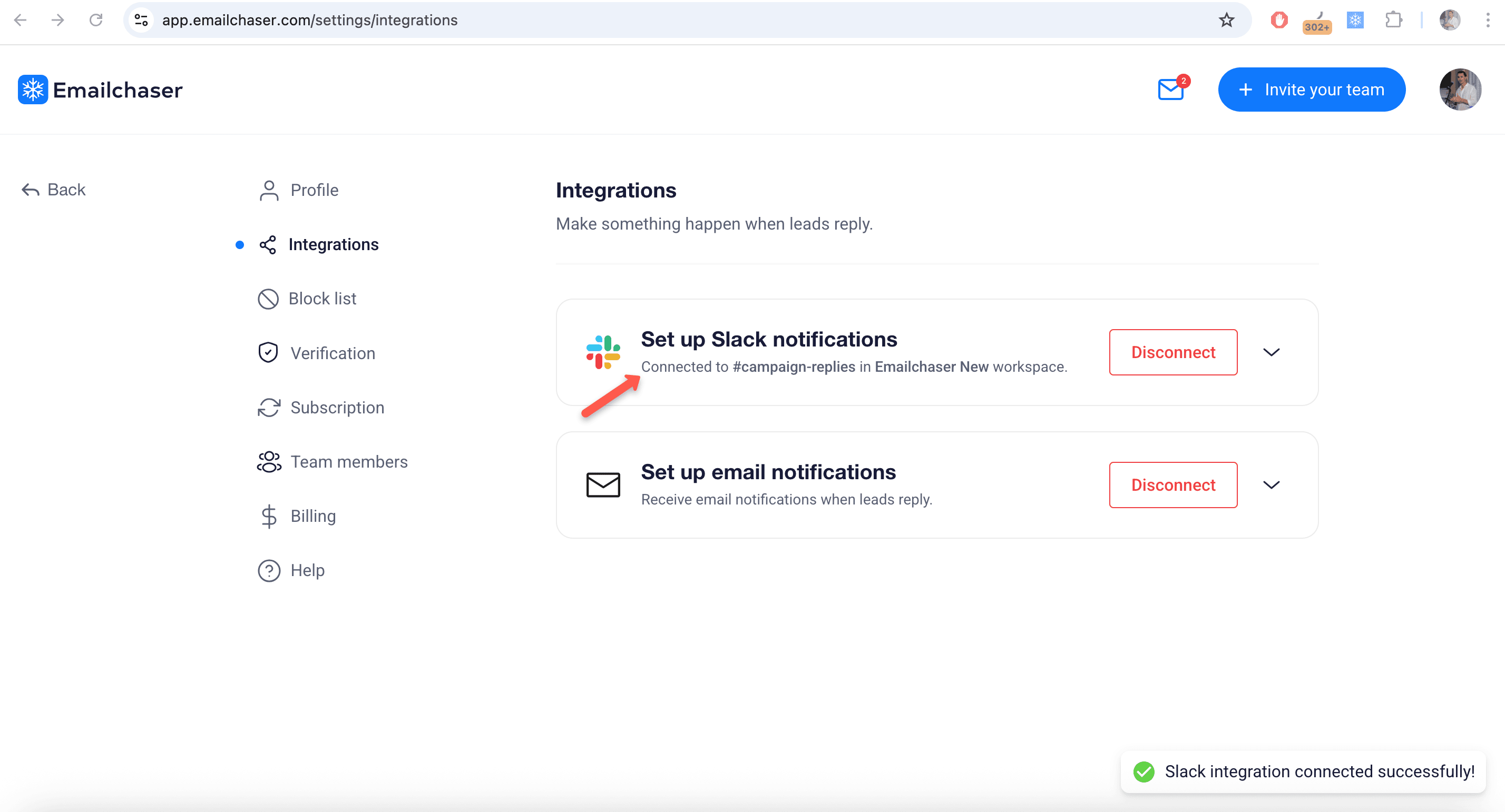 screenshot showing Slack integration channel