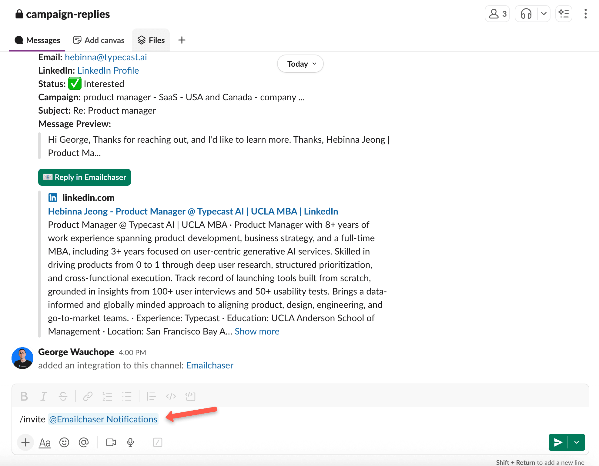 screenshot showing how to invite Emailchaser bot