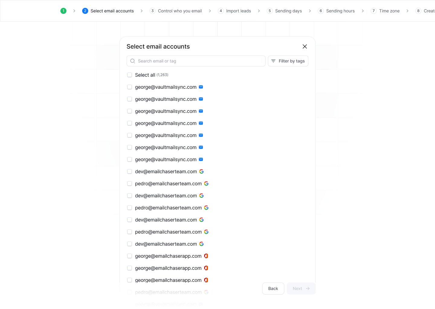 screenshot showing email account selection page in Emailchaser