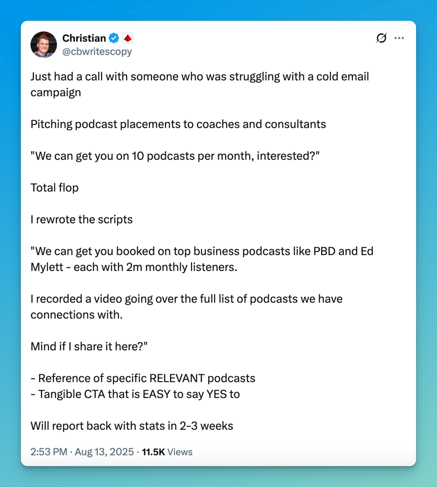 screenshot showing an example cold email template