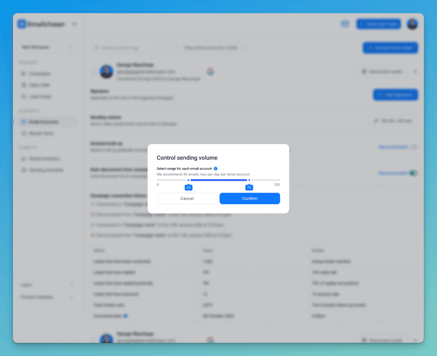 screenshot showing sending volume feature in Emailchaser