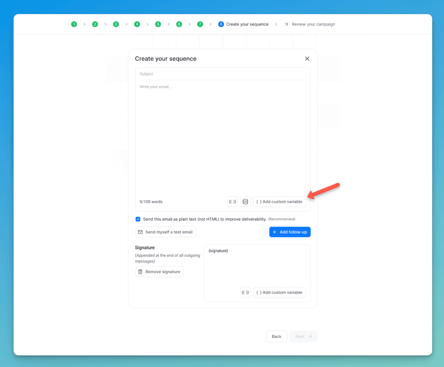 screenshot showing custom variable button in Emailchaser