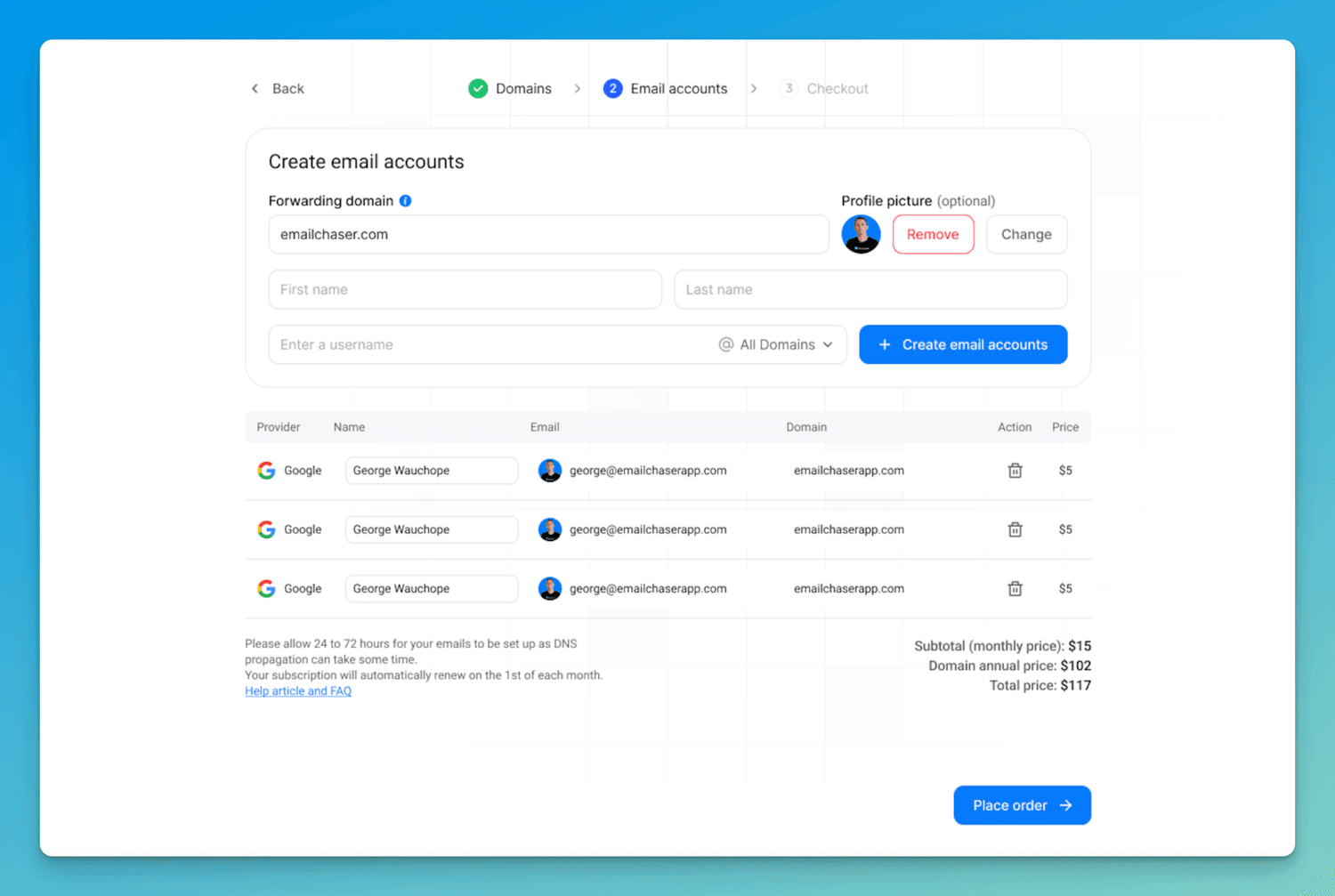 screenshot showing Emailchaser's done for you email set up
