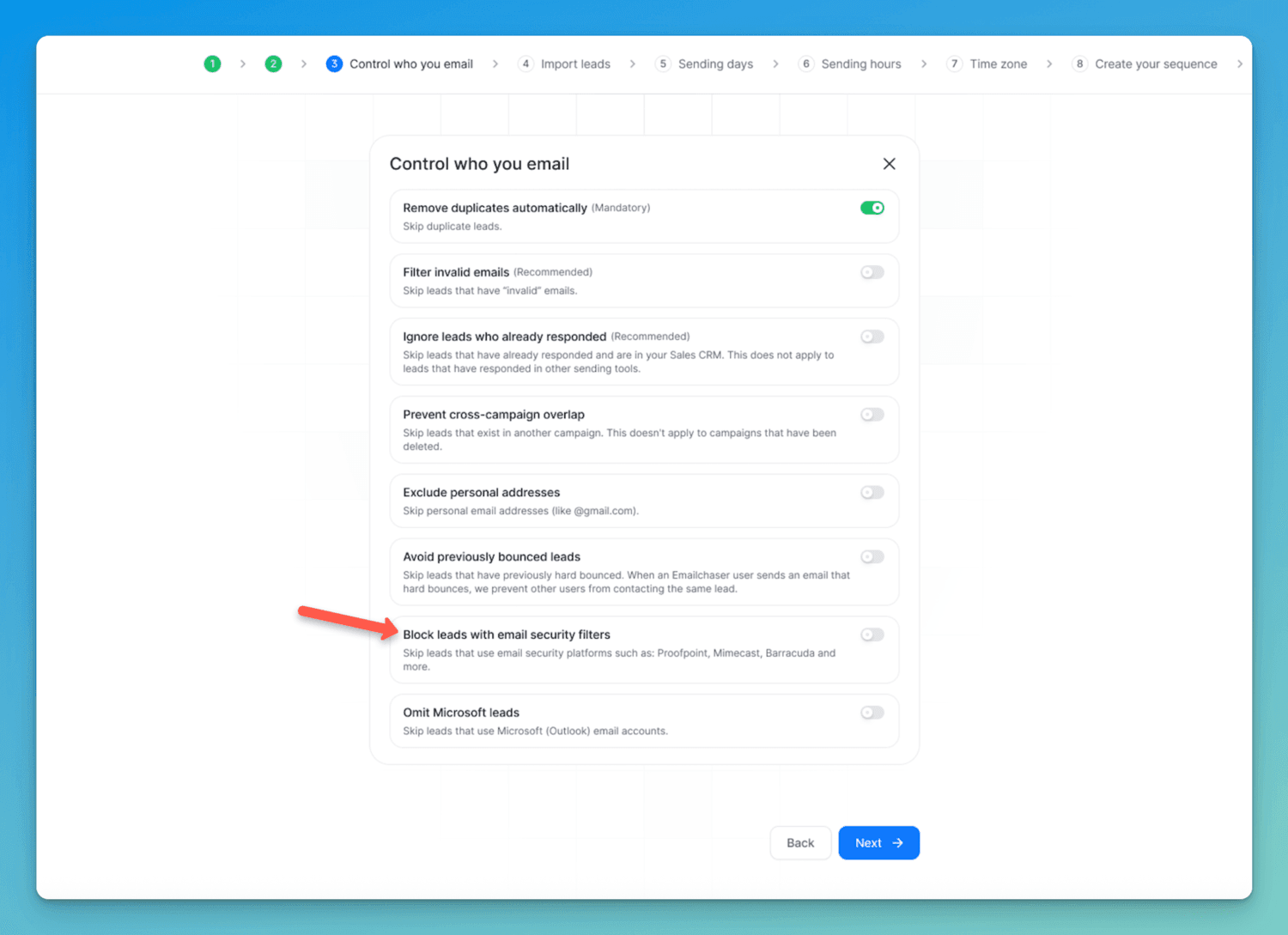 screenshot showing email security platform toggle