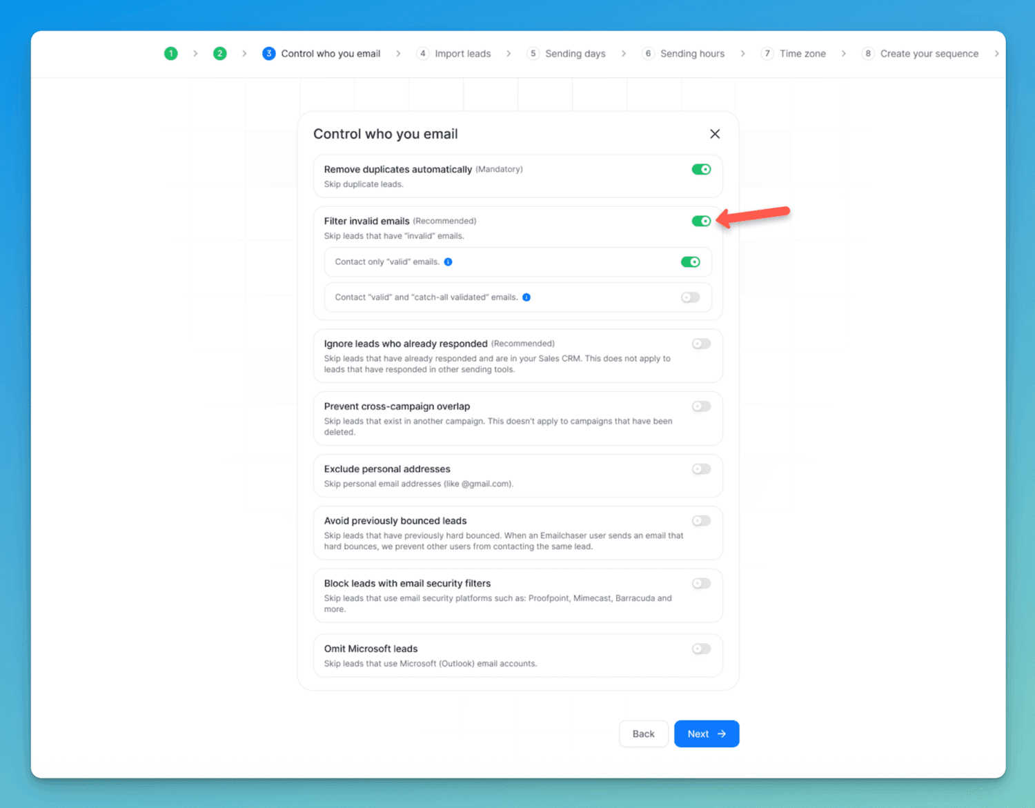 screenshot showing Emailchaser's double-verification toggle