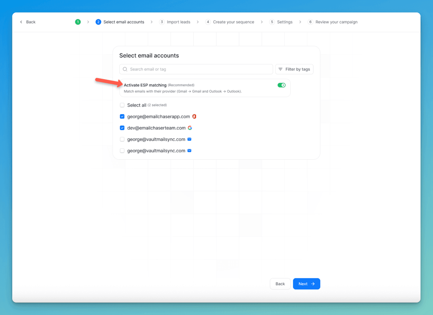 screenshot showing esp matching feature in Emailchaser