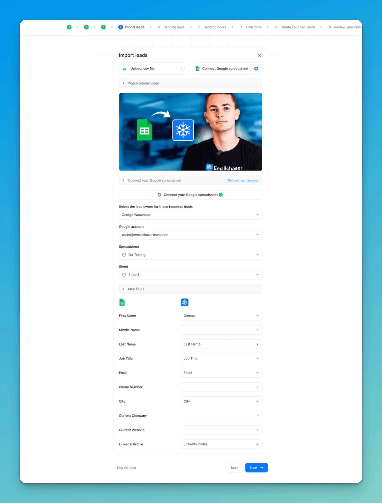 screenshot of google sheets option in create campaign flow