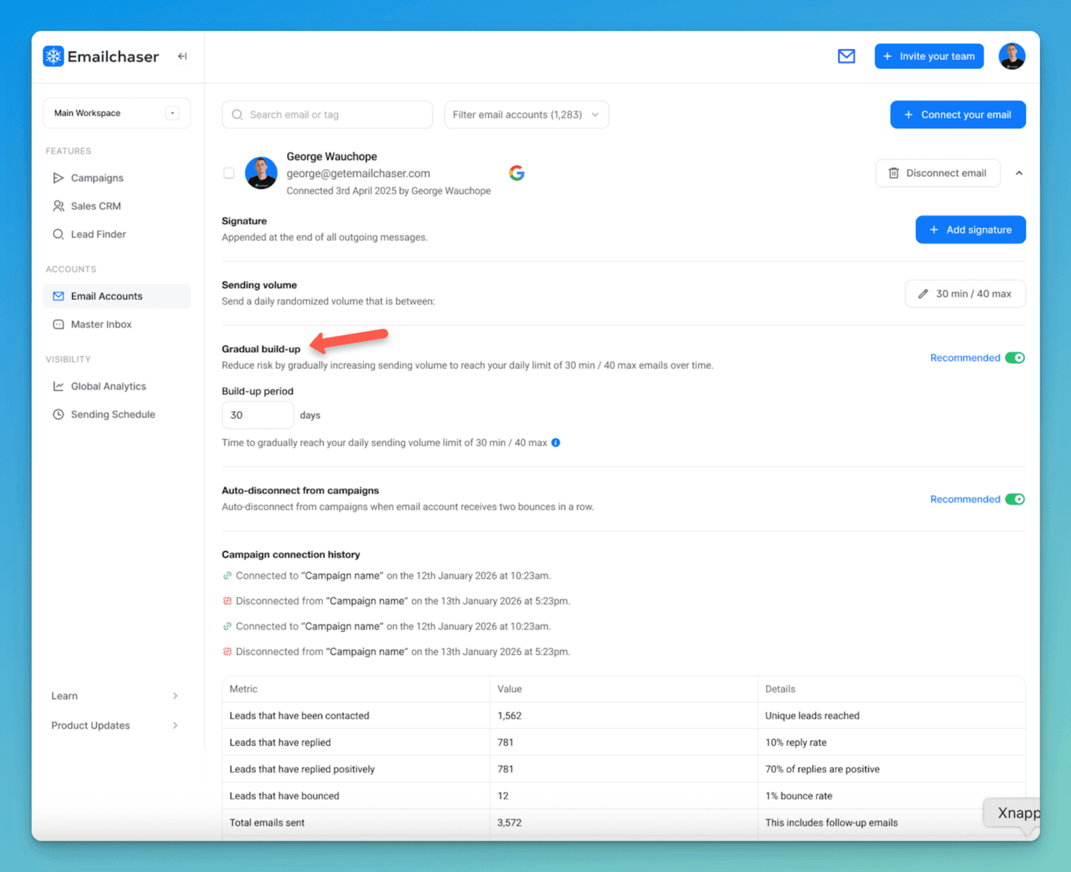 screenshot showing gradual build up feature in Emailchaser