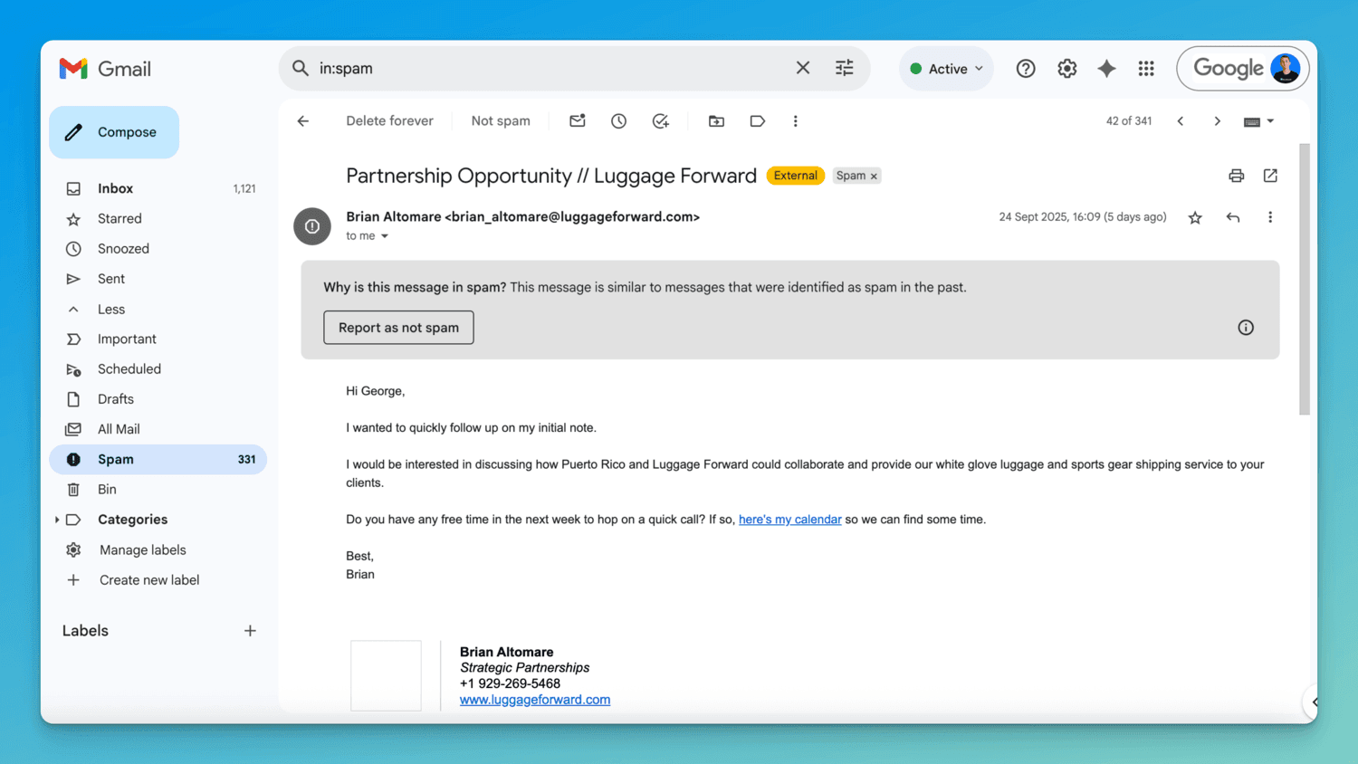 screenshot showing an email in spam in Gmail