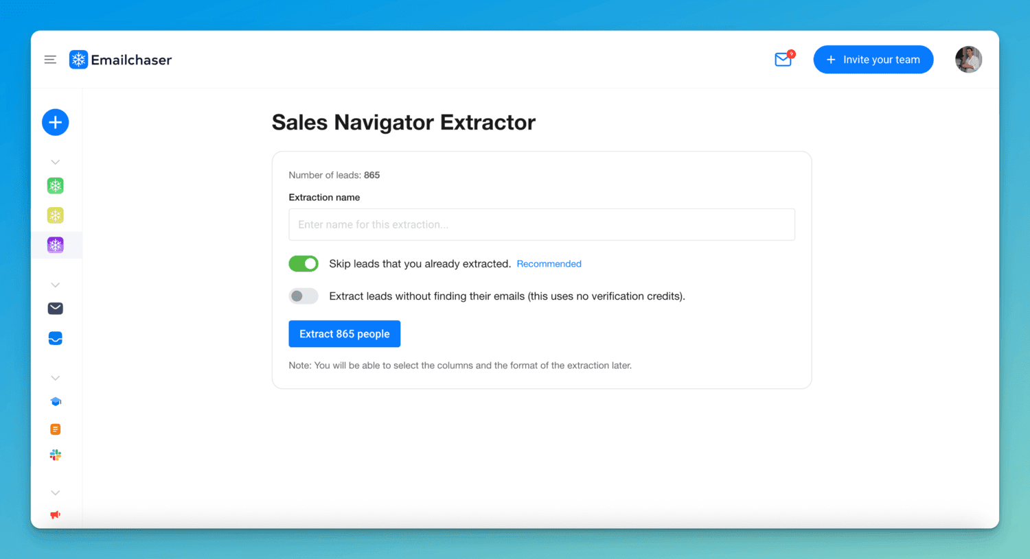 screenshot showing lead finder extraction page