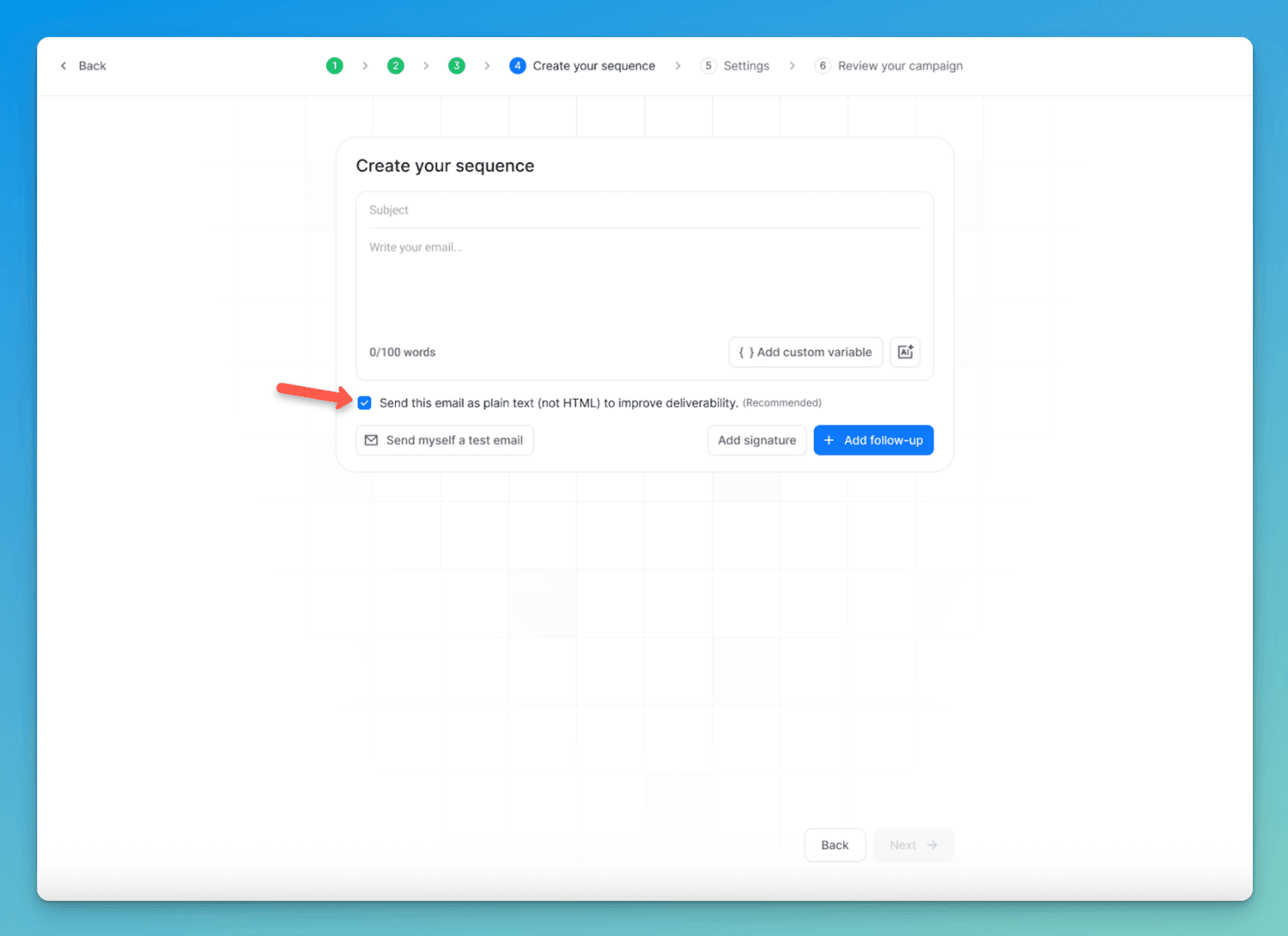 screenshot showing plain text option in Emailchaser