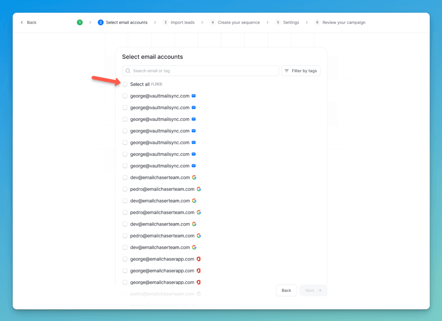 screenshot showing the select email accounts step in Emailchaser