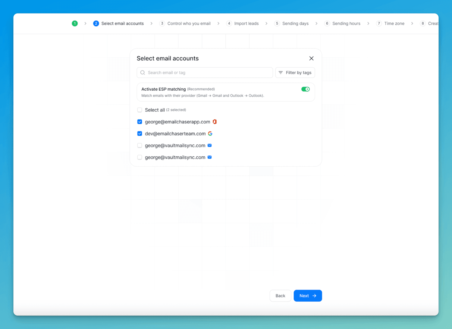 screenshot showing the select email accounts page in Emailchaser