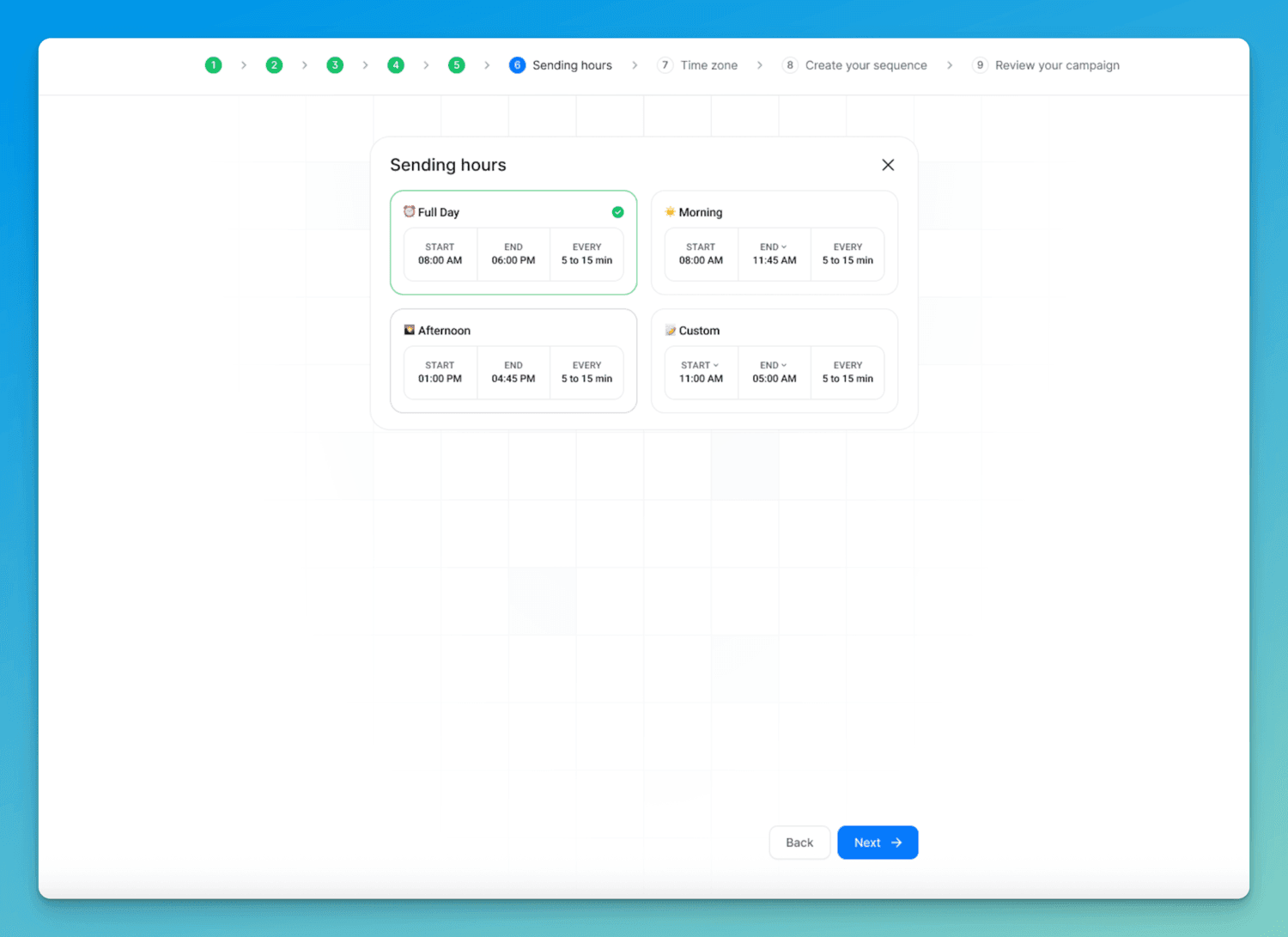 screenshot showing the sending hours page in Emailchaser